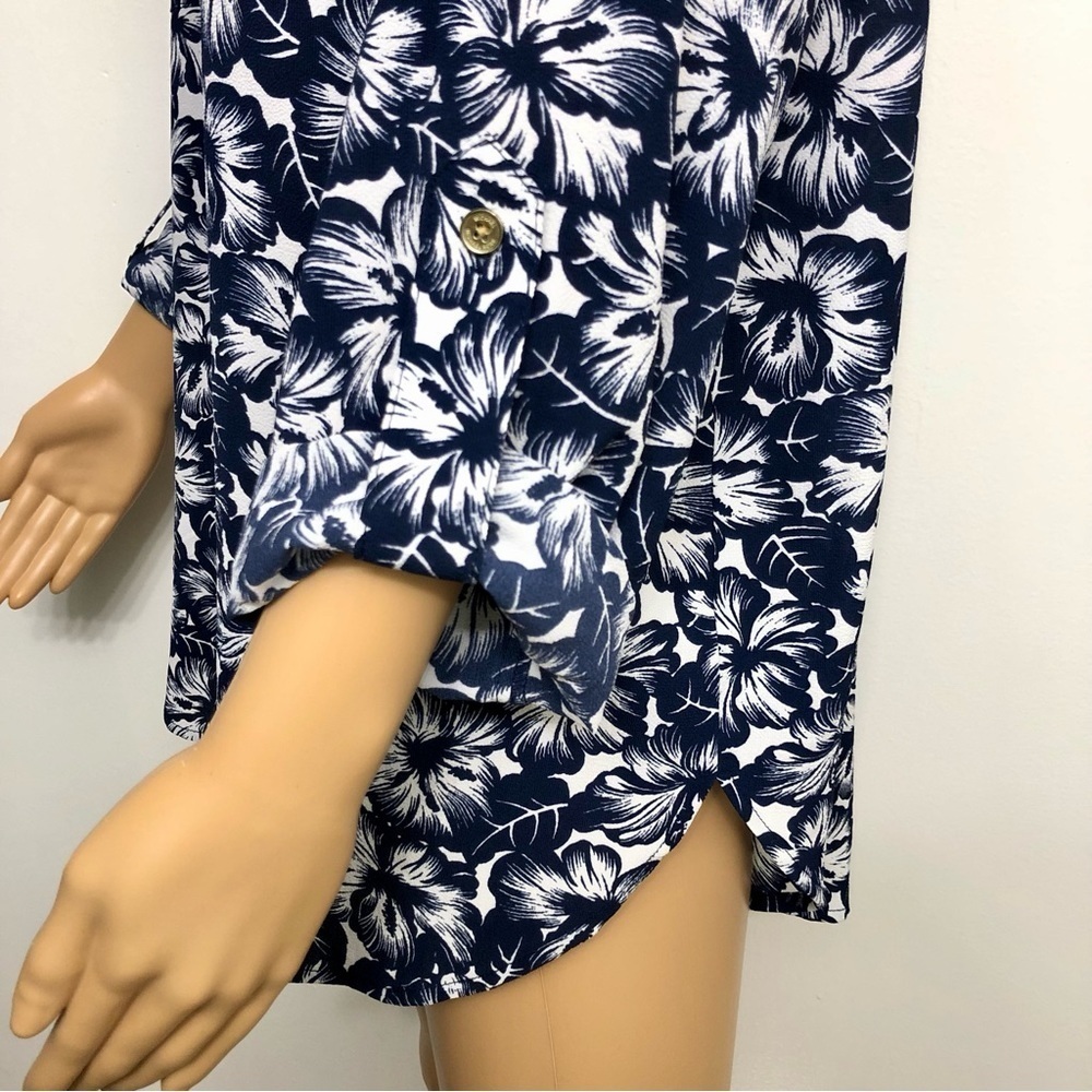 MICHAEL KORS Long Roll-tab Sleeve Floral Blue Hibiscus Tunic Top Blouse Size L - Picture 8 of 14